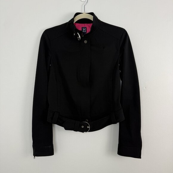 Vintage H Hilfiger Black Moto Belted Jacket Women’s‎ Size 2 Pink Lining Y2K Mod - Picture 1 of 16